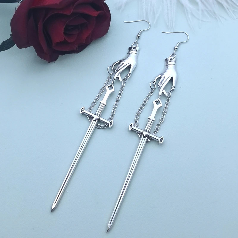 Long Vintage Hand Sword Chain Dangle Earrings, Unique Design, Gothic Sword Hand Earrings, Golden Sword Earrings,Hook