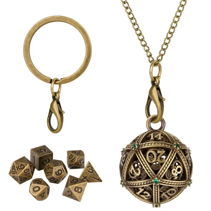 Antique Round D20 Case Pendant Key Ring 7pcs Mini Polyhedral Dice Set Role Play Gaming Dices Storage Case Necklace Chain Gift