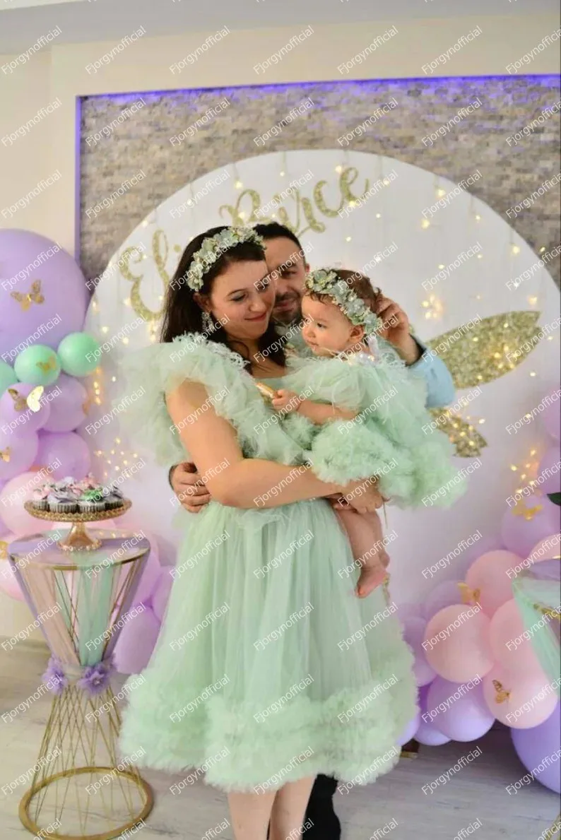 Cute Mint Green Mother And Kid Tulle Dresses For First Birthday Party Mom And Me Matching Gowns Sleeves Evening Dress Prom Gown