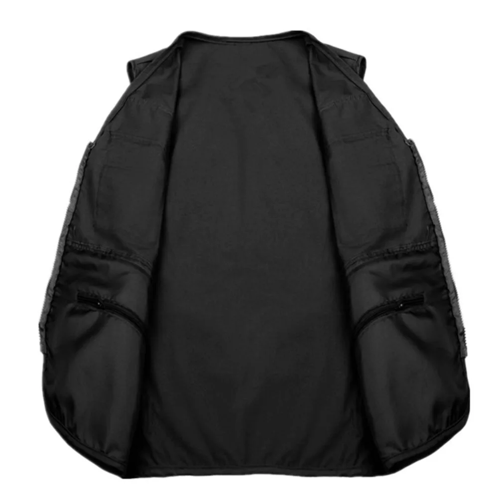 Men V Neck Zip Up Utility Vest Multi Pockets Sleeveless Outerwear Waist Adjustment Waistcoat for Daily Outdoor Activity