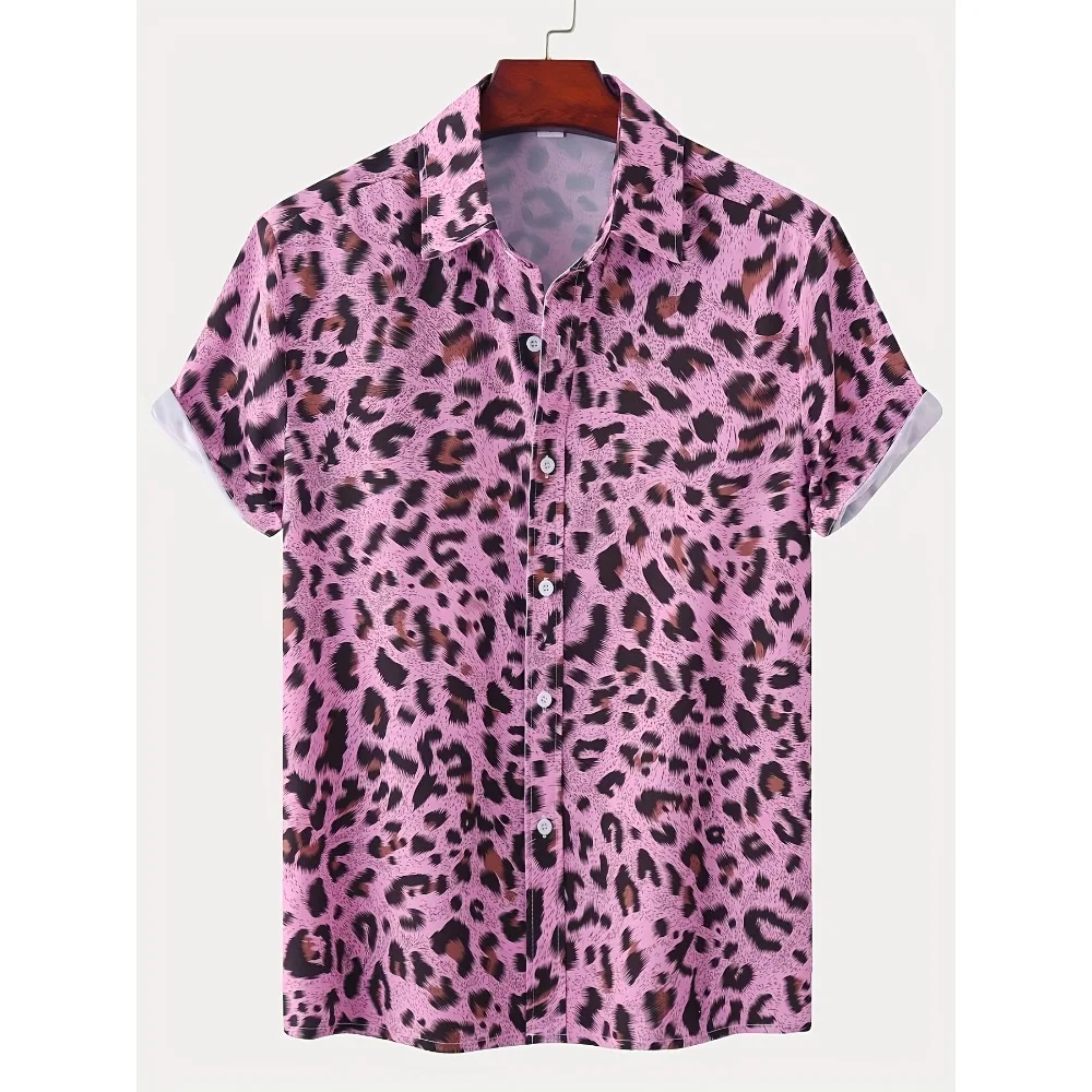 Multi Style Aloha Hawaiian Shirt For Men Pink Leopard Animal Print Short Sleeve Summer Beach Vacation Button Up Top