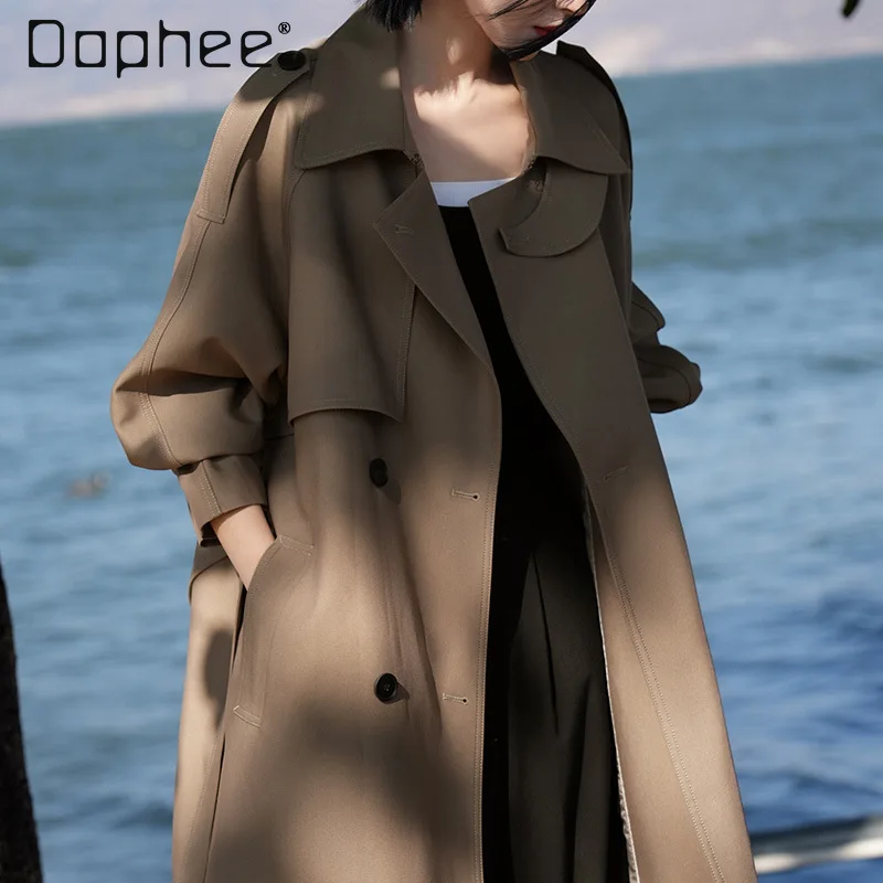 

High-end Elegant Socialite Trench Coat Commuting Style Fashion Large Lapel Double-breasted Tie Slim Mid-length Coat Women Basic