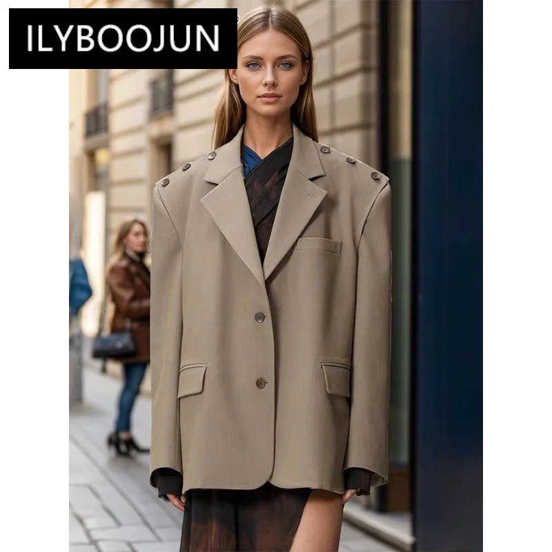 

ILYBOOJUN Solid Patchwork Buttons Chic Blazers For Women Notched Collar Long Sleeve Loose Designer Blazeer Female Fashion New