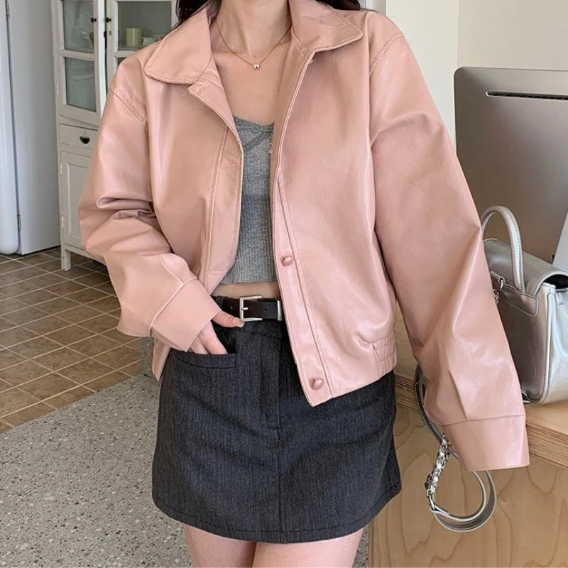 Autumn Korean Pink Leather Jacket Cropped Jacket Women's American Retro High-end Versatile Casual PU Leather Jacket Top