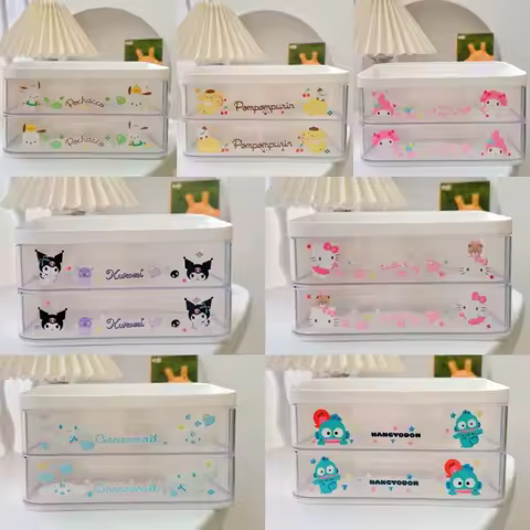 Hello Kitty Sanrio Storage Box Kawaii Kuromi Hangyodon My Melody Cinnamoroll Cartoon Large Capacity Desktop Double-Deck Storage