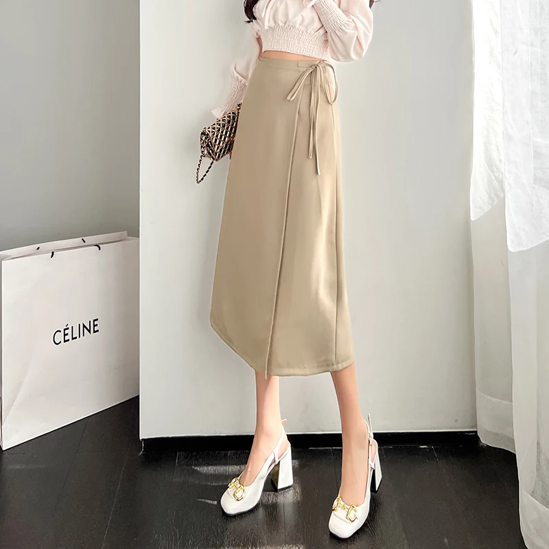 

Elegant Solid High Waist Long Pencil Skirts Woman Autumn Lace Up Bow Bodycon Wrap Skirt Women A-Line Side Slit Saias Midi Femme