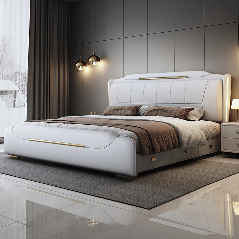 

Frame Modern Storage Double Bed Lights Luxury Big Adults Bedroom Double Bed Twin Queen Wooden Cama De Casal Home Furniture