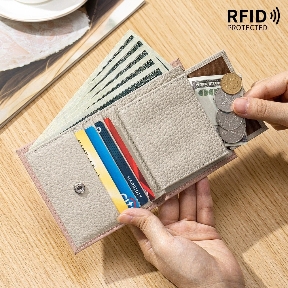 

New Arrival Ultra-Thin Short Leather Wallet for Women Multi-Functional Bi-Fold Money Clip Top Layer Cowhide Luxury Card Holder C