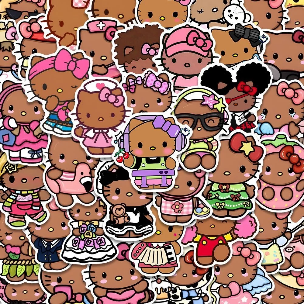 52pcs Hawaiian Black Skin Hello Kitty Stickers Waterproof Handbook Sticker Cute Cartoon DIY Phone Case Computer Graffiti Sticker