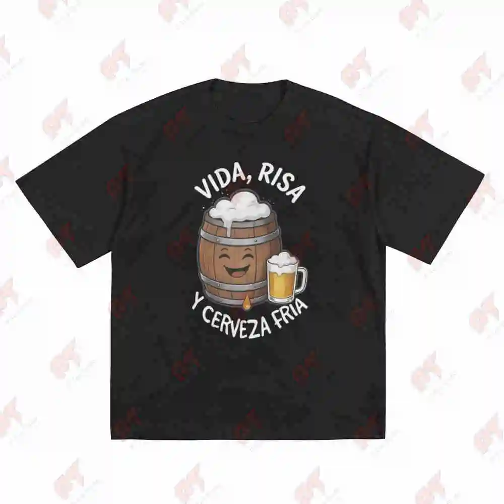 Spanish Vida Risa Y Cerveza Fria Beer Keg Print Short Sleeve Tee 100% Cotton T-Shirt