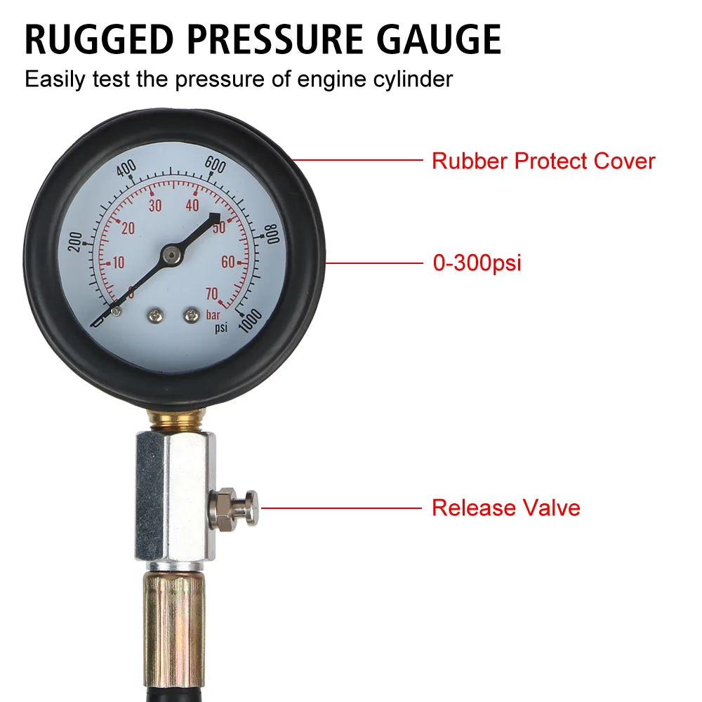 18PCS Gauge Kit Diesel Engine Cylinder Compression Tester Kit Gauge Diagnostic Tools Kit Car Tools 0-1000Psi Adapter Set TU-15A