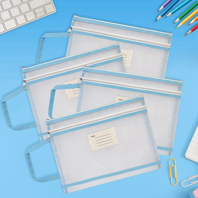 4Pcs Mesh Zipper Pouch Translucent A4 Document Bag Book File Folders A4 Mesh Zip Folder Blue