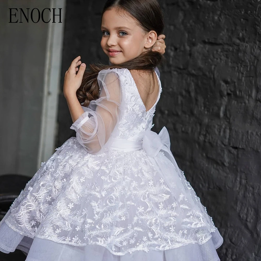 ENOCH Glitter Flower Girl Dresses with Appliques New Kids Tulle Knee-Length Party Wedding Birthday Gowns High Quality Vestidos