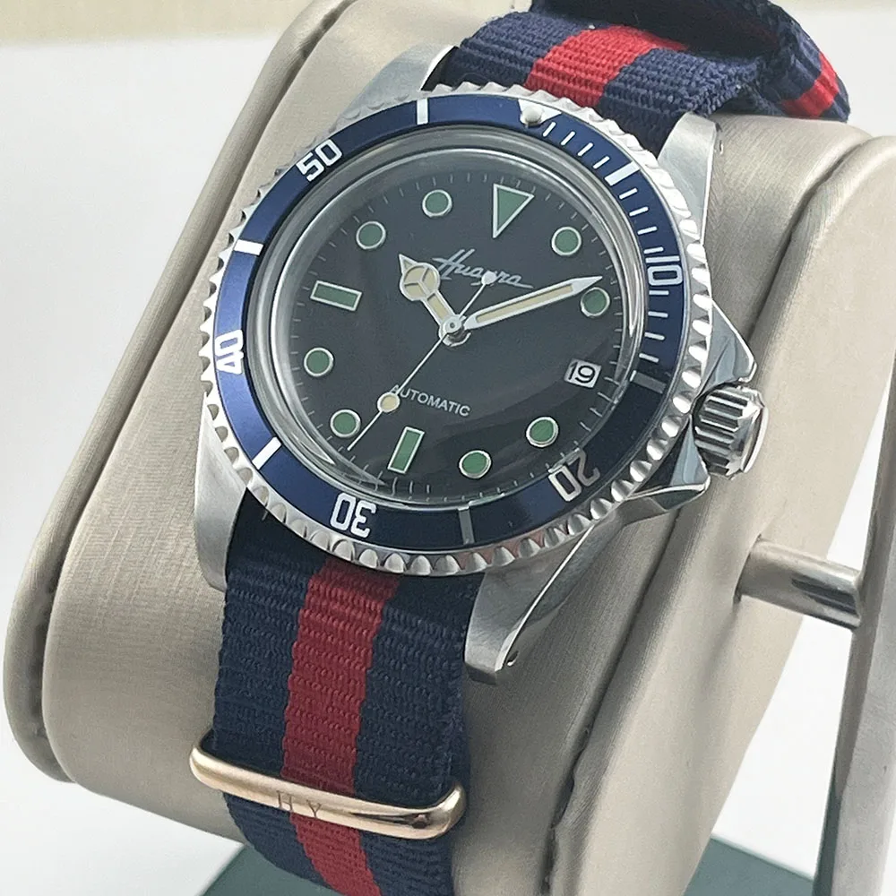 39mm Automatic Mechanical Watch Retro Style Blue Border Dome glass Stainless Steel Dive Men's Watch NH35 Movement Nylon Strap