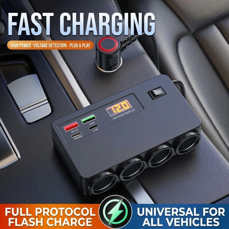 Multi Port Car Cigarette Lighter Splitter 4 Sockets PD30W QC3.0 Fast Charger Adapter with Voltage Display Switch For Vehicles