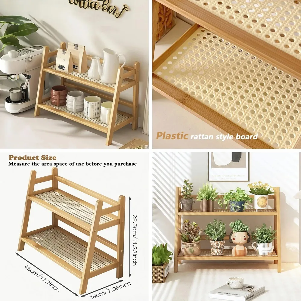 

2 Tier Wicker-Look Coffee Station Organizer, Bamboo Mug Holder Countertop, Kitchen Counter Shelf for Tea Coffee Bar Accessories
