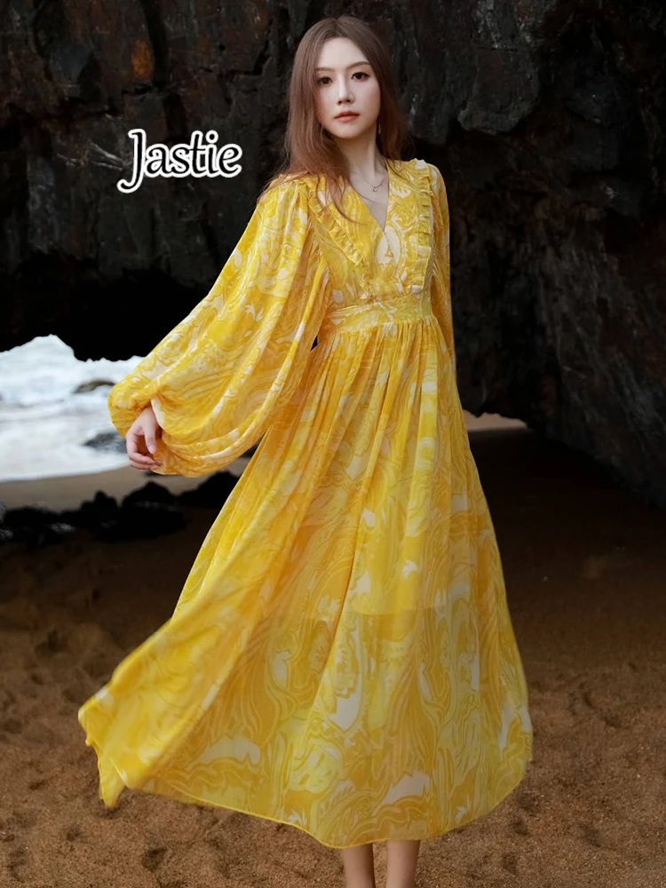 Jastie 2024 Spring Autumn Yellow Printed Beach Dresses For Women V-neck Lantern Sleeve Vacation Long Dress Boho Female Vestidos