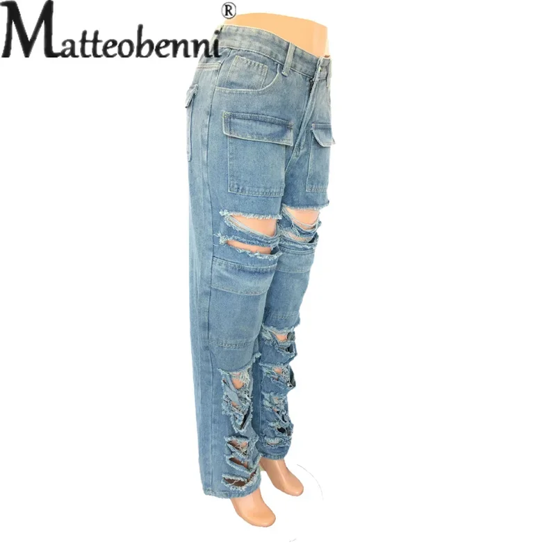 Verão oco para fora buracos quebrados calças de brim retas mulheres cintura alta perna larga calças jeans feminino casual azul tendência streetwear