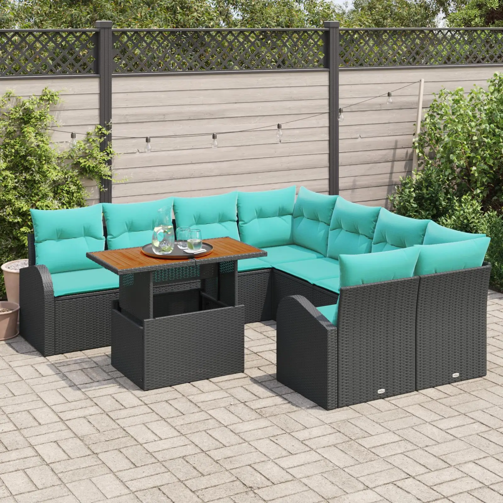 Set divano da esterno da 9 pezzi con cuscini Set da salotto da patio con mobili in rattan nero