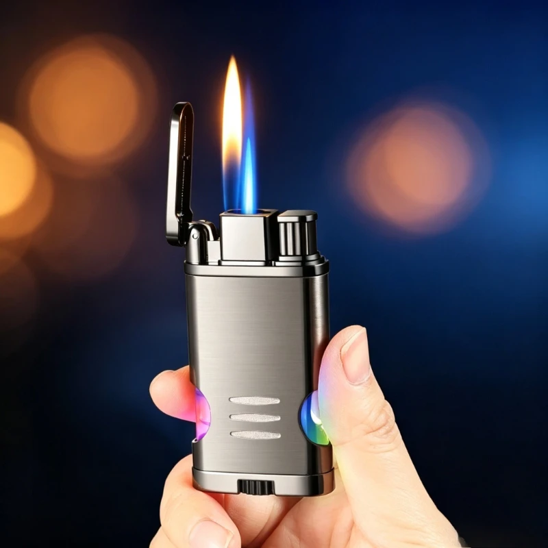 2026 New Transparent Air Chamber, Double Fire with Light, Windproof, Direct Charge, Inflatable Metal Lighter, Men Gift