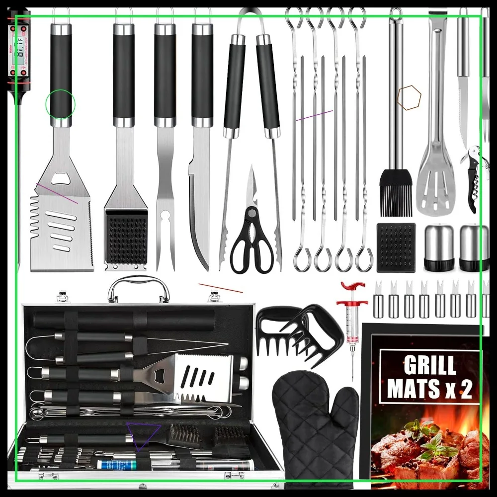 

38-Piece Stainless Steel BBQ Grill Tools Set with Aluminum Case, Thermometer & Mats for Camping/Backyard