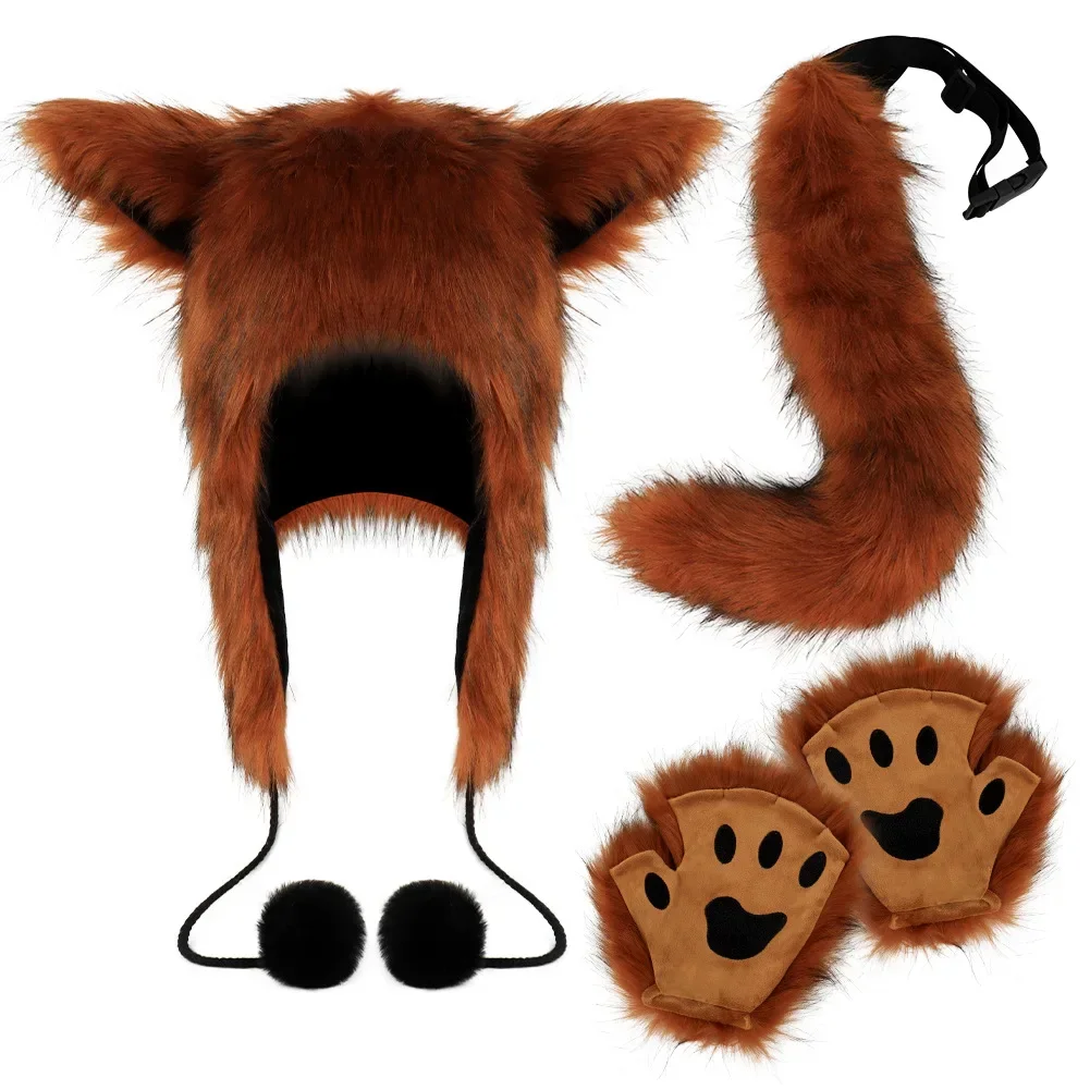 Conjunto de disfraz de zorro, guantes con patas, cola de Animal, sombrero de Animal de peluche, conjunto de disfraz de Halloween, cola de zorro para Cosplay, fiestas, carnavales