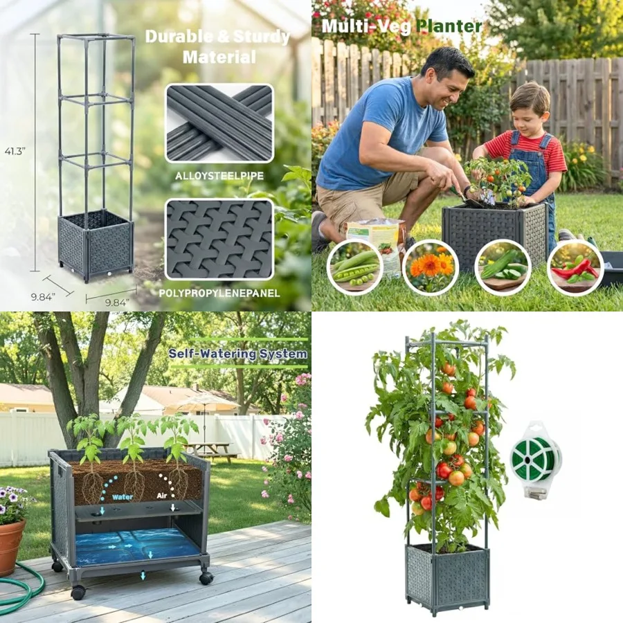

Raised Garden Bed Tomato Planter Box with Trellis, 41.3" Tomato Planters Cage w/Self-Watering for Climbing Plants Vegetables, P