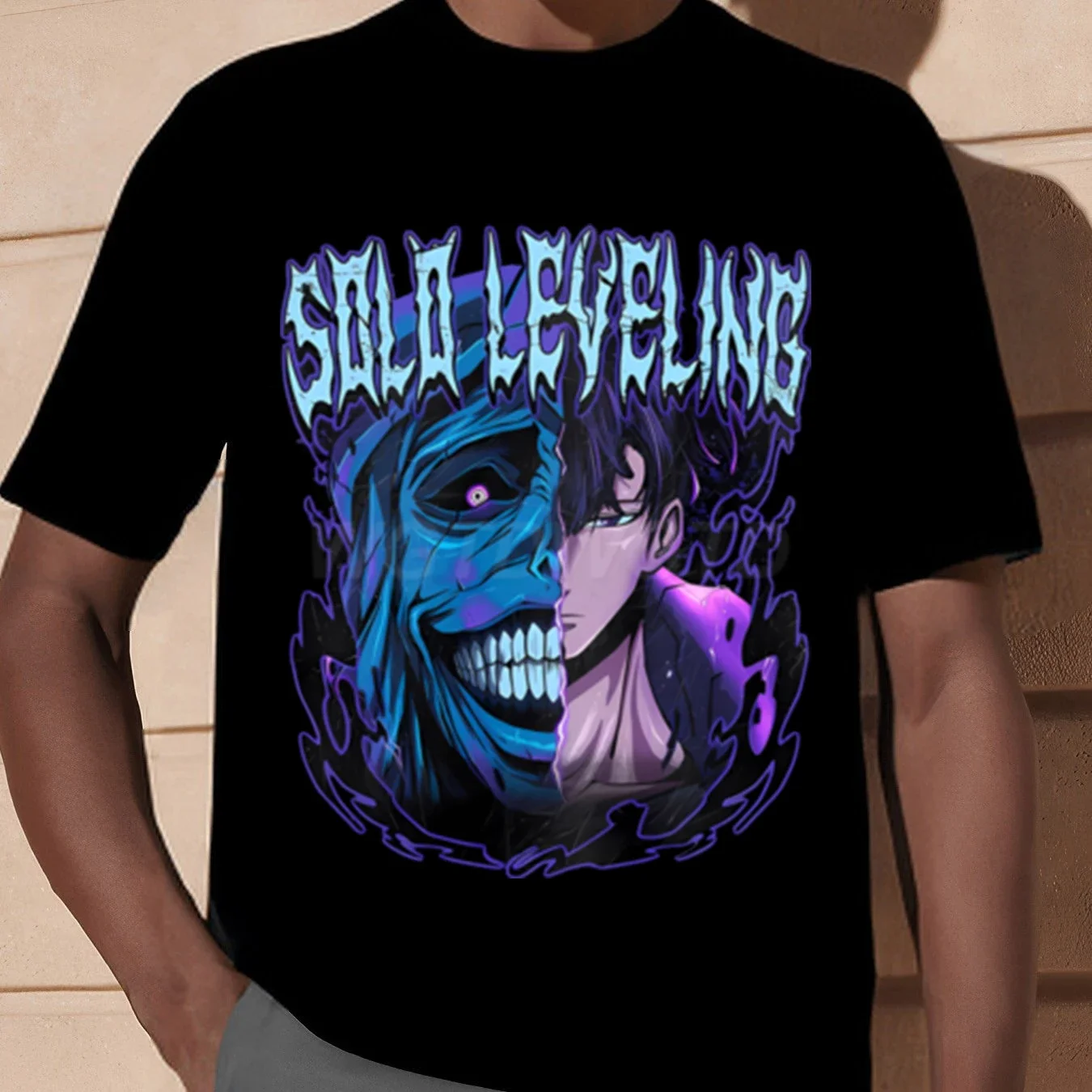 Camiseta de Anime Solo Leveling Sung Jin-Woo para hombre, pantalón corto informal holgado, camiseta de manga con estampado de Estatua de Dios, ropa de moda para hombre