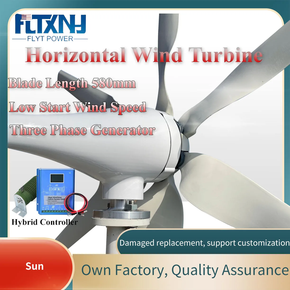 

3KW 12V 24V 48V Home Small Horizontal Axis Wind Power Turbine Wind Energy Generator 3 Blades 3000W Windmill With MPPT Controller