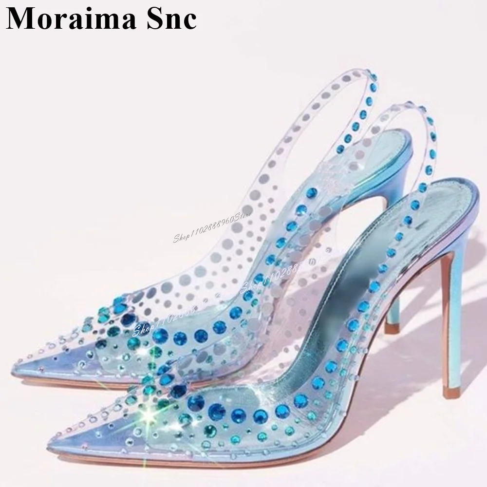 Light Blue Clear PVC Crystal Decor Sandals Cut Heel Thin High Heel Women Shoes Back Strap Pointed Toe 2024 Zapatos Para Mujere