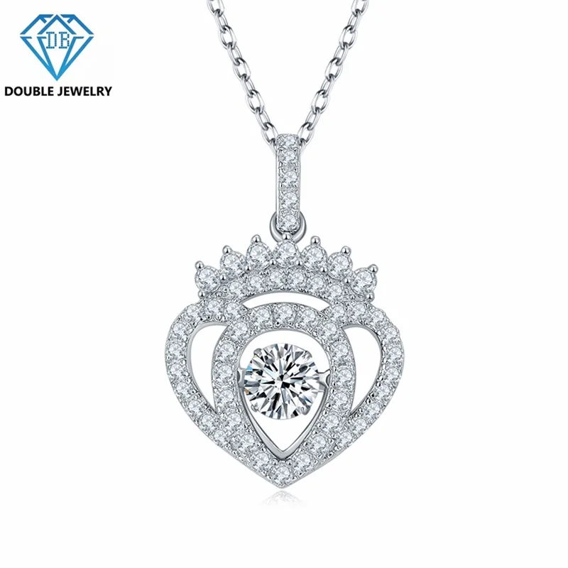 Double Jewelry Crown Heart design Dancing Moissanite Pendant Necklace S925 silver jewelry for Woman wedding party jewellery gift