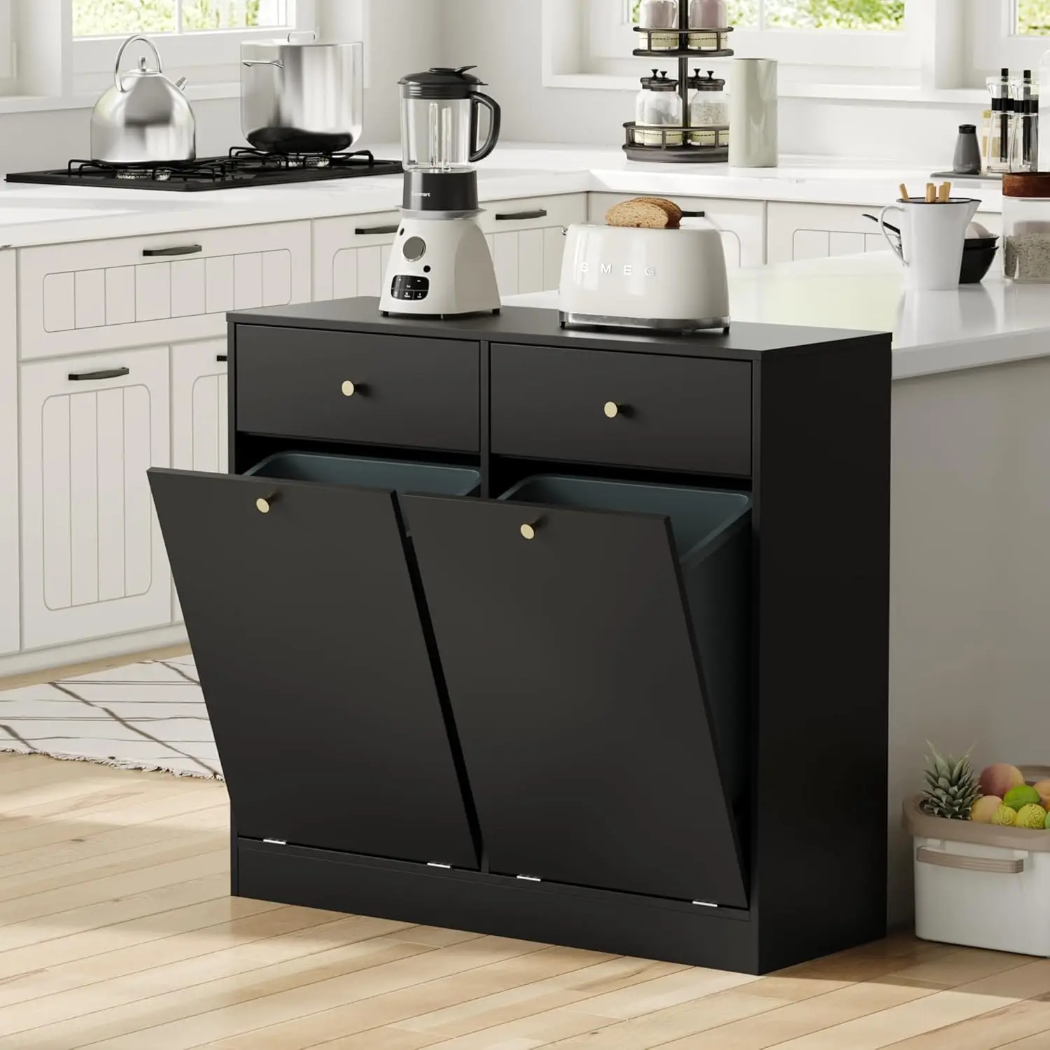 

Double Out Trash Can Cabinet, Trash Storage Cabinet with 2 Ders, Hidden Garbage Bin, ree Standing Laundry Sorter Organizer or Ki