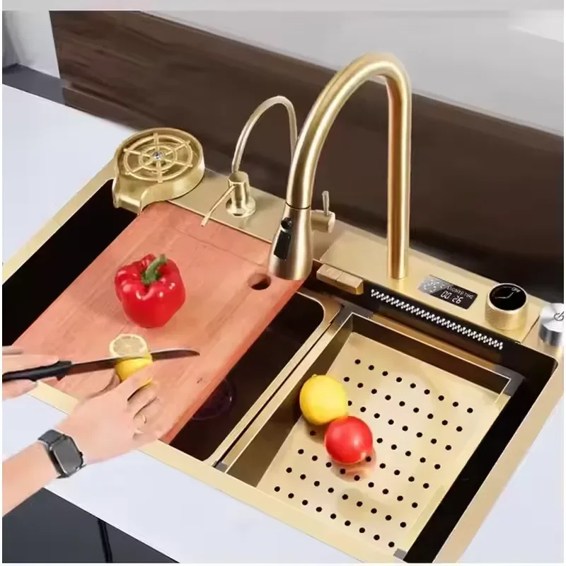 Gold Nano SUS 304 Stainless Steel Single Bowl Kitchen Sink with Digital Display Waterfall Faucet Brass Valve Square