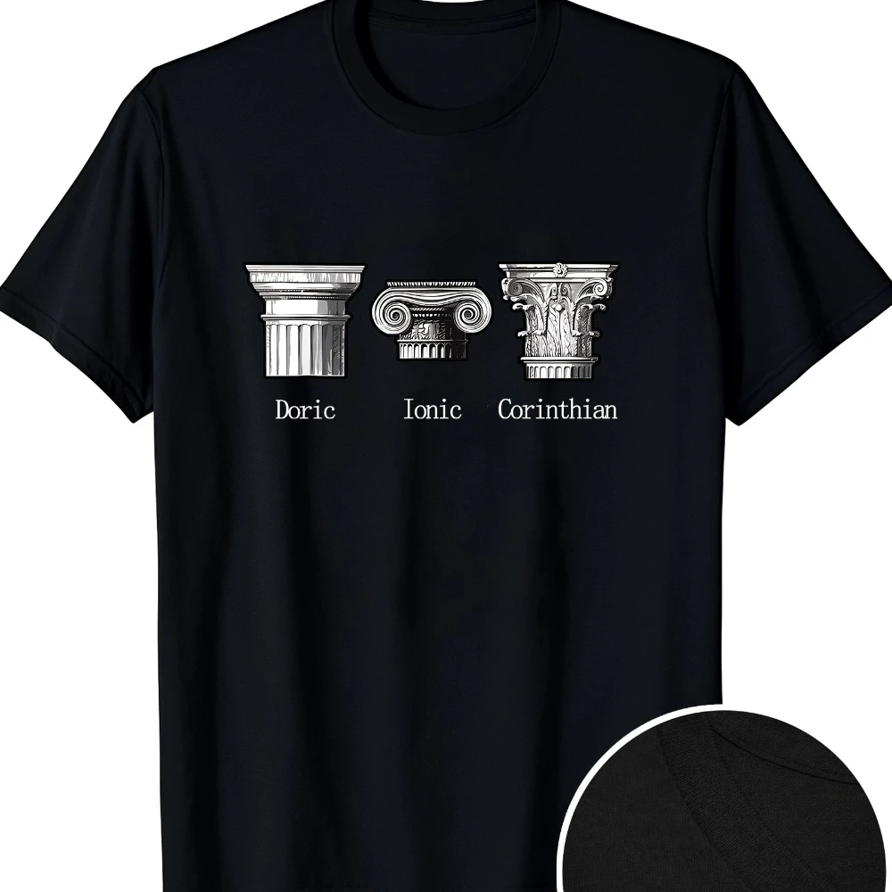 Men's Ancient Greek Classical Architecture T-Shirt Heavyweight 180gsm Cotton Tee with Doric Ionic Corinthian Column Designs