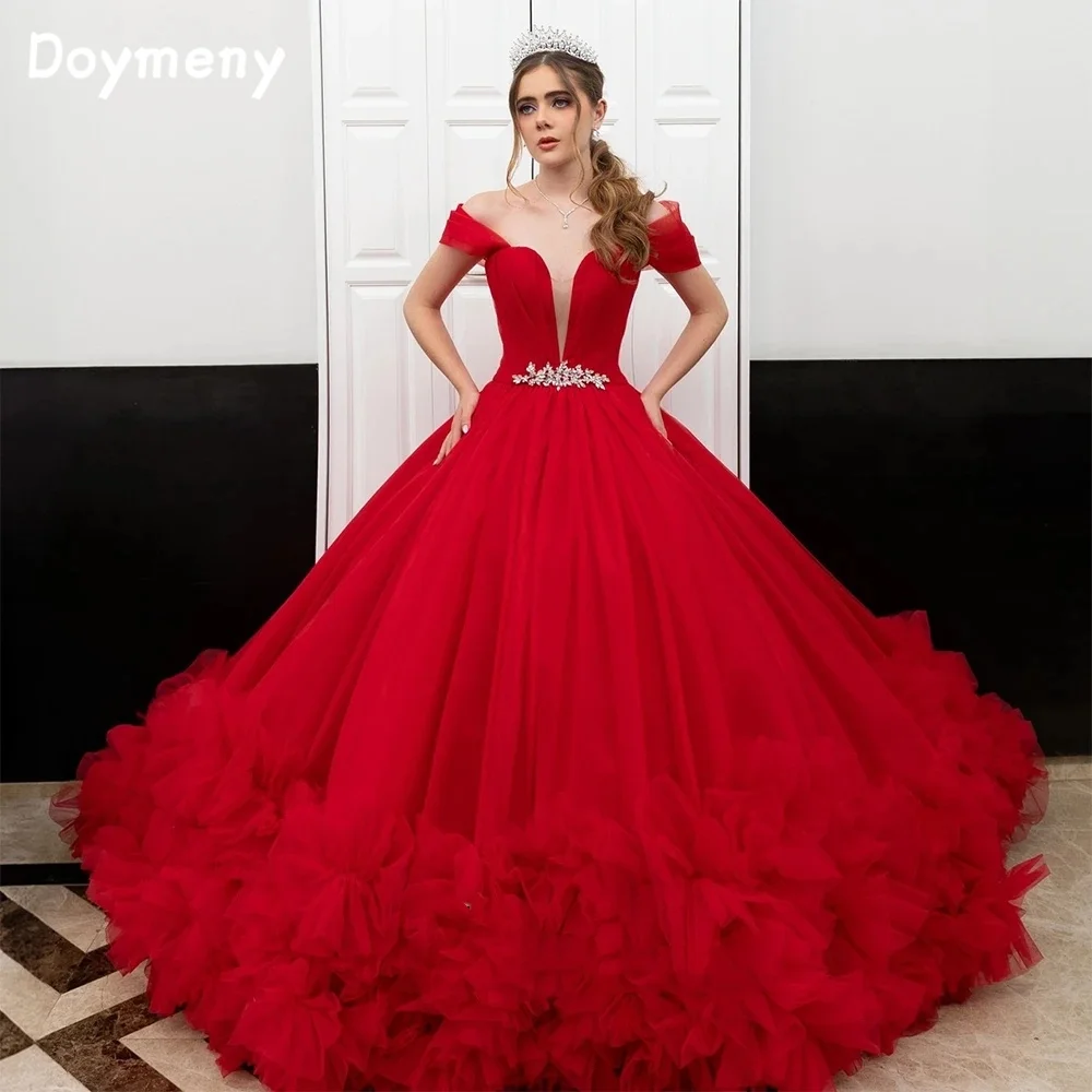 

Doymeny Ruffled Tiered Quinceanera Dress Crystals Sash Off The Shoulder Ball Gown For Birthday Sweet 16 Dress Vestidos De Baile