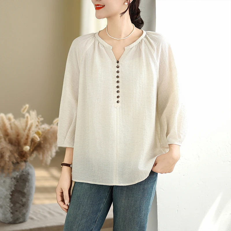 

Новая летняя женская льняная блузка большого размера, свободного кроя, с V-образным вырезом, тонкая, с рукавом 3/4, однотонная, для офиса и повседневной носки