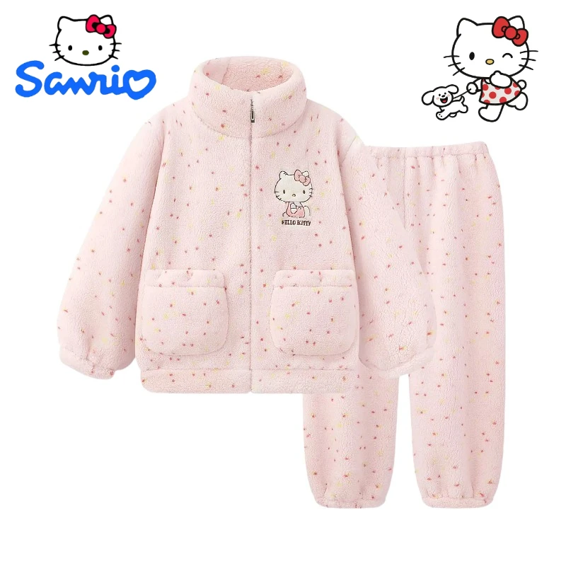 Sanrio Hello Kitty Cartoon süßer Studentenpyjama Kawaii süßer Herbst und Winter verdicktes Korallenvlies warmes Loungewear-Set Geschenk