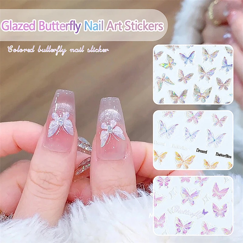 Pegatina de uñas de mariposa rosa en relieve, calcomanías autoadhesivas de mariposa Aurora Flash fino, decoración de Arte de uñas, diseño de manicura DIY