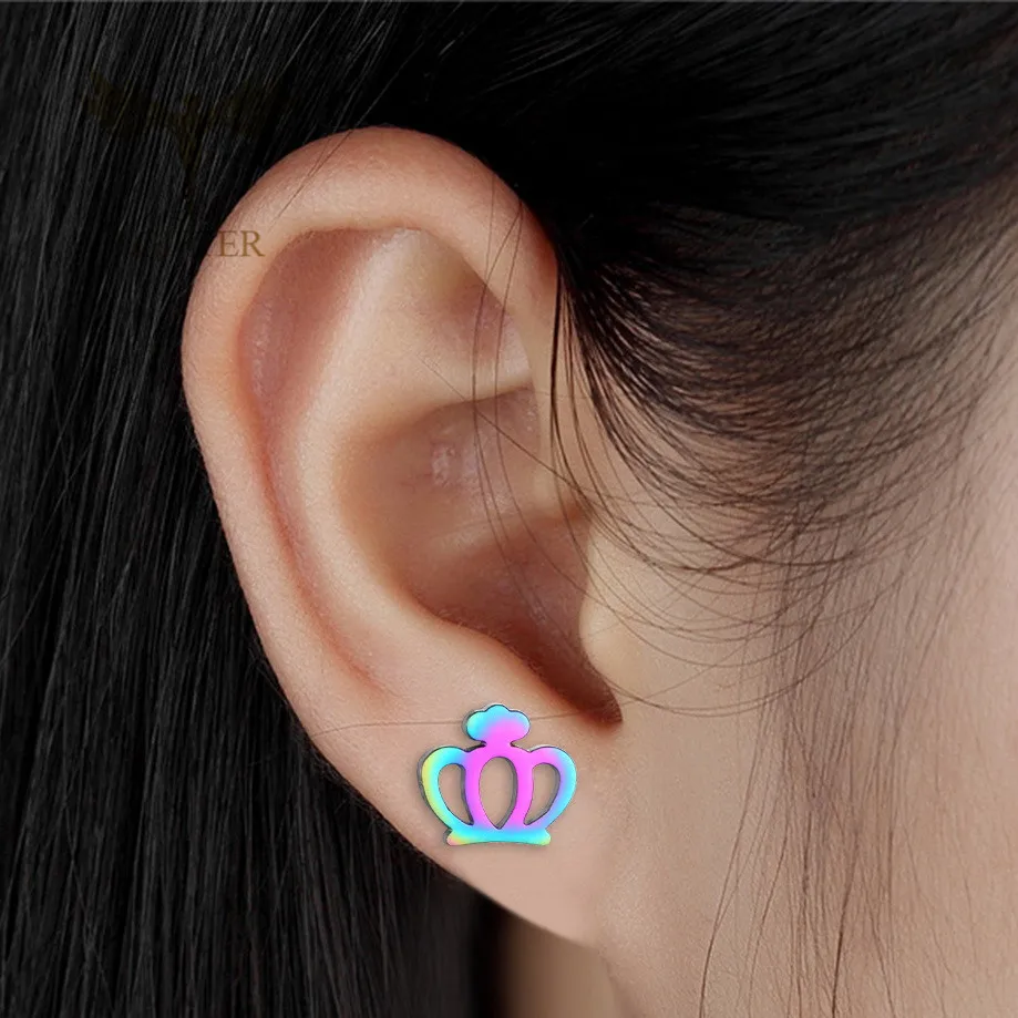 Wholesale Colorful Crown Earrings Girls Women Stainless Steel Jewelry 12 Pairs Lot Stud Earring Set Gift boucles d oreille femme