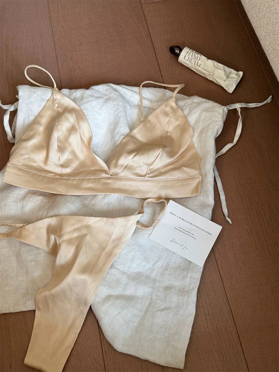 Women's Satin Bra Set Summer Solid Comfortable Thin Backless Everyday Underwear Female French Sexy Triangle Cup Lingerie Set New