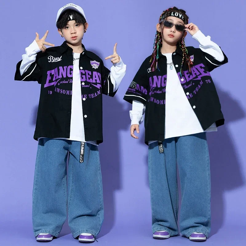 

Hip Hop Dance Clothes for Boy Girl Loose Baseball Uniform Shirt Denim Pants Jazz Performance Costume Kids Street Dance Clothing