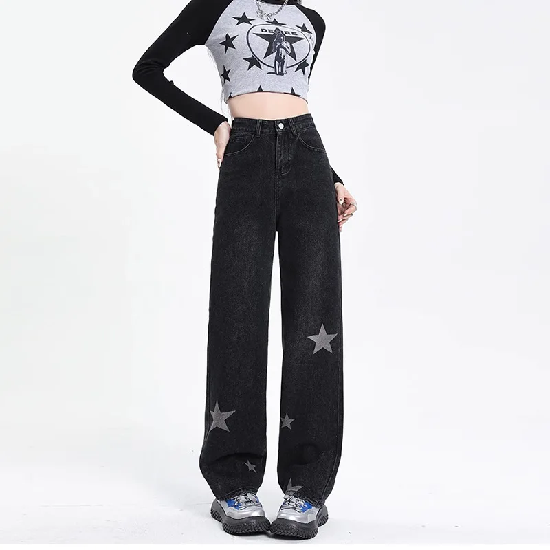 Star Print Baggy Jeans Women High Street Vintage Hip Hop High Waited Jeans Women Casual Straight Wide Leg Women Jeans