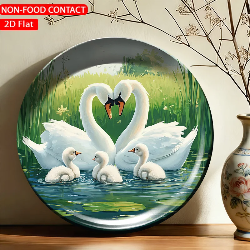 1pc FORJN Modern Round Ceramic Plate - Elegant Pond Wall/Table Decor with Swans in Flight, Suitable for Decoration in Kitchen,