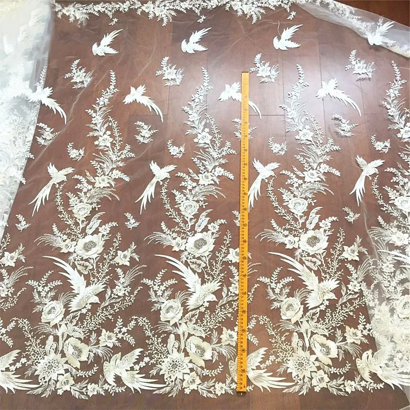 Beautiful Flower Bird Embroidered Lace Fabric, Romantic Wedding Sequins, DIY Dress, High-Quality, RS1639