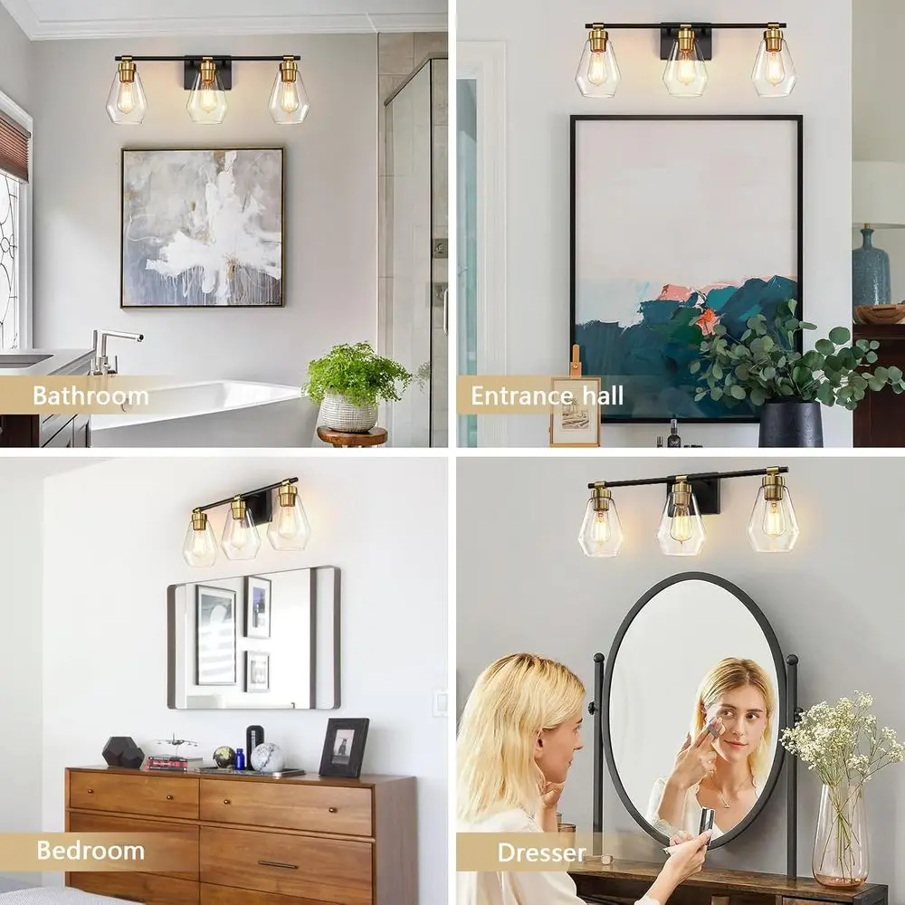 3-световой черный и золотой светильник для туалетного столика с прозрачными стеклянными абажурами для современных зеркал в ванной комнате, подходит для гардеробных, прихожей и