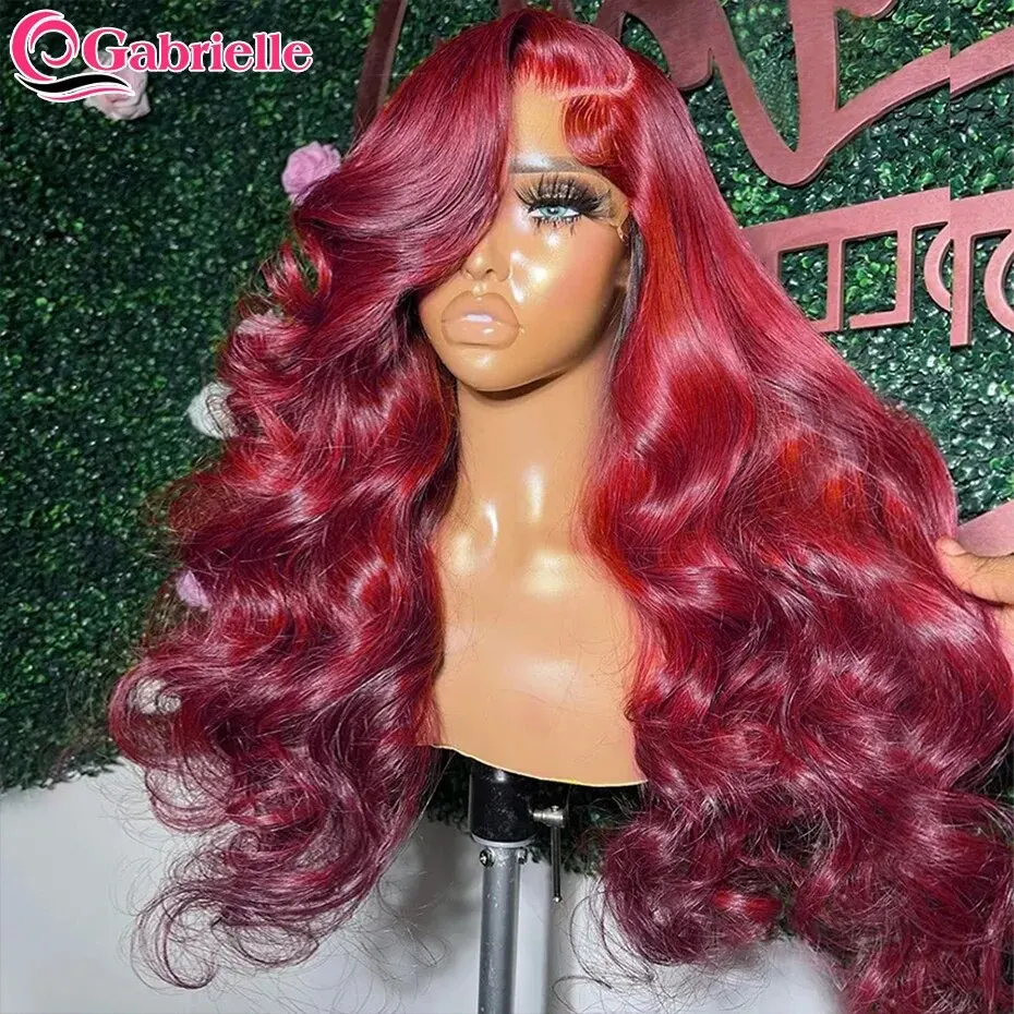 Gabrielle 99J Red Lace Front Human Hair Wig Burgundy Colored Body Wave Wig Glueless 13x4 HD Transparent Lace Frontal Wig 30 Inch