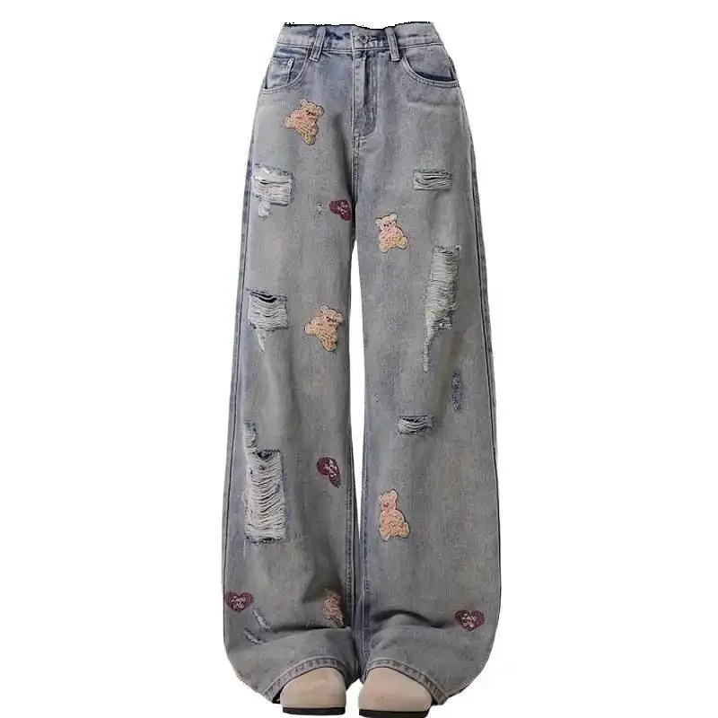 

Vibe Style Retro Bear Embroidery Jeans High Waist Wide Leg Floor-Length Pants