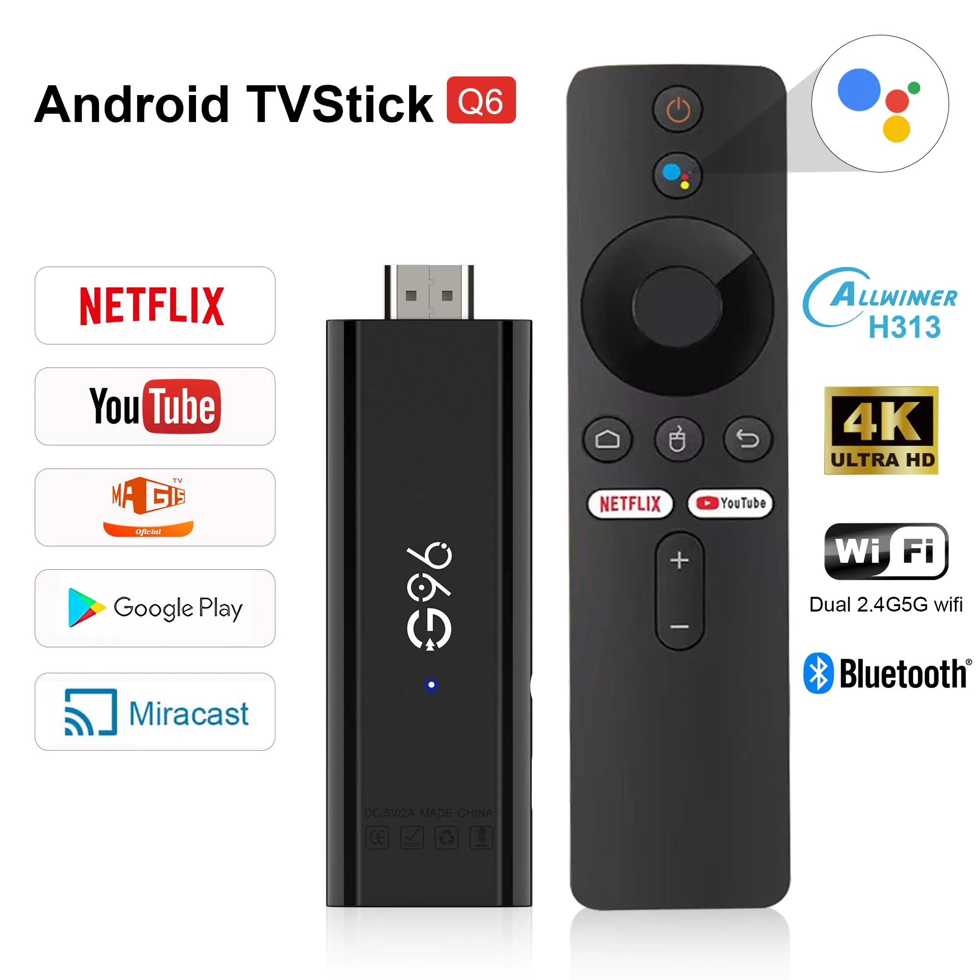 Android13 Mini 4K Smart Q6 TV Stick AllwinnerH313 Quad Core Cortex A53 2G16G HDR10 ATV Media Player Bluetooth Voice Assistant