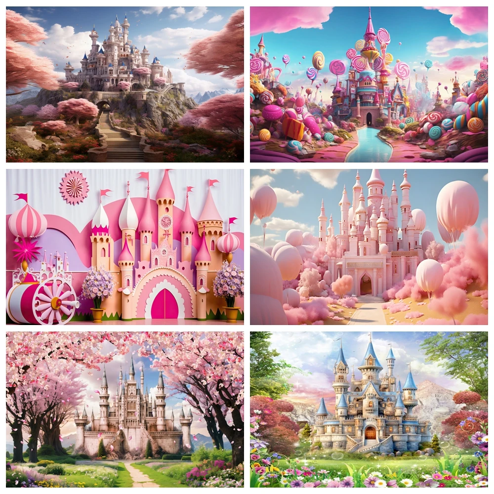 

Fairy Tale Pink Castle Backdrop Girls Princess Birthday Party Spring Floral Balloons Castle Wonderland Photography Background