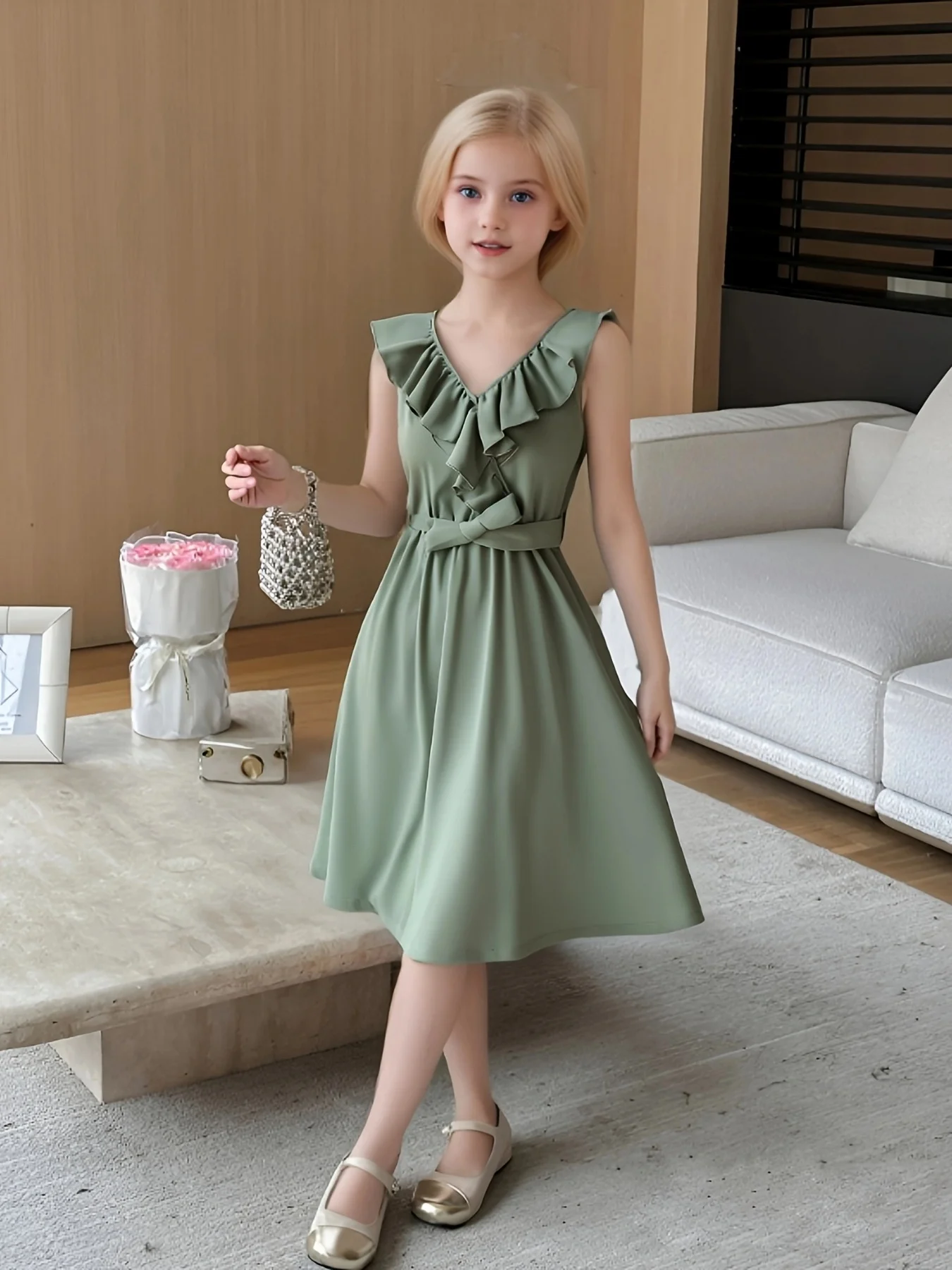 Children\'s summer lace collar sleeveless army green dress sweet and lovely princess dress